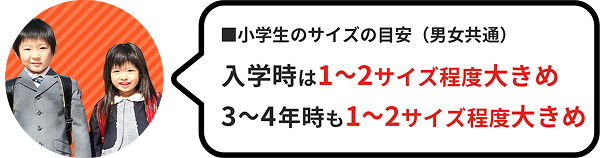 小学生のサイズの目安（男女共通）